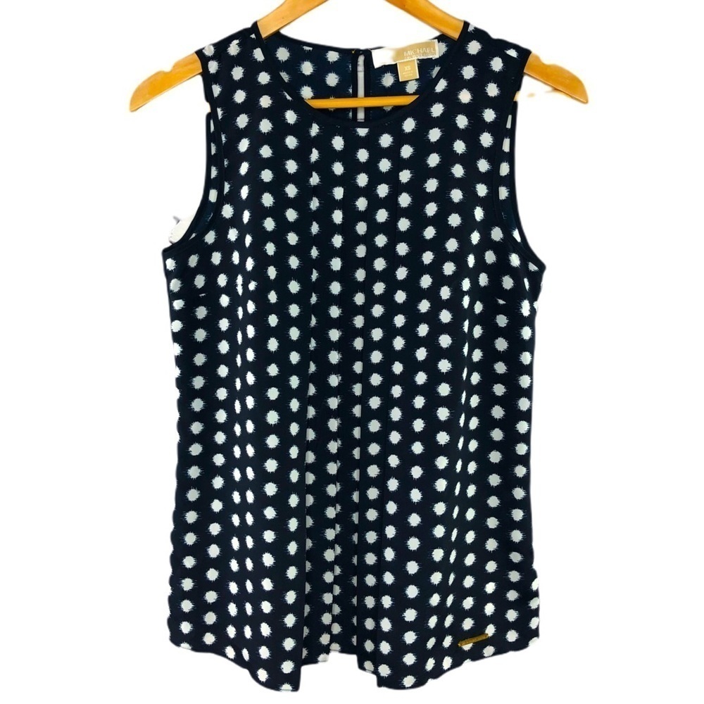Michael Kors navy white polka dot pleated top
